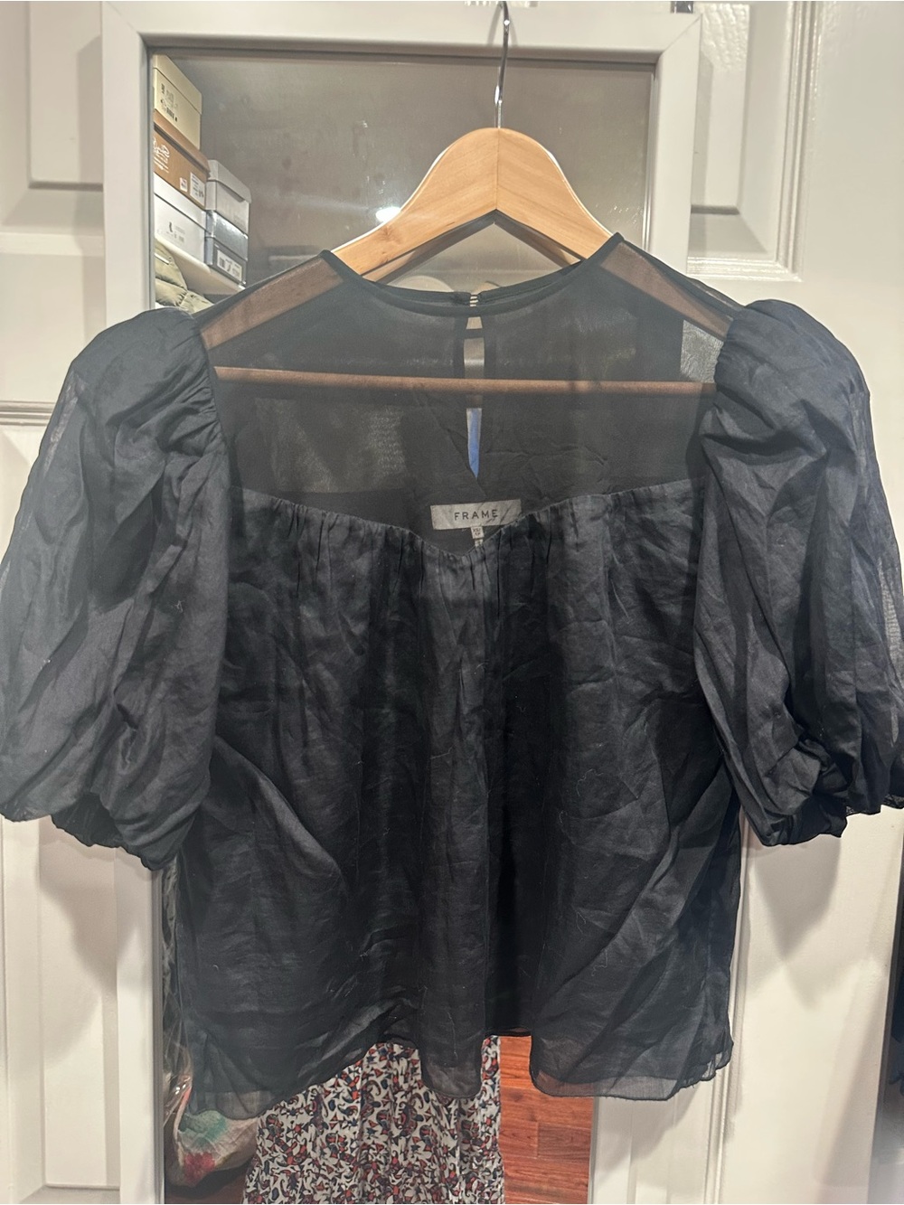Frame Noir Puff-Sleeve Sheer-Inset silk n cotton Blouse